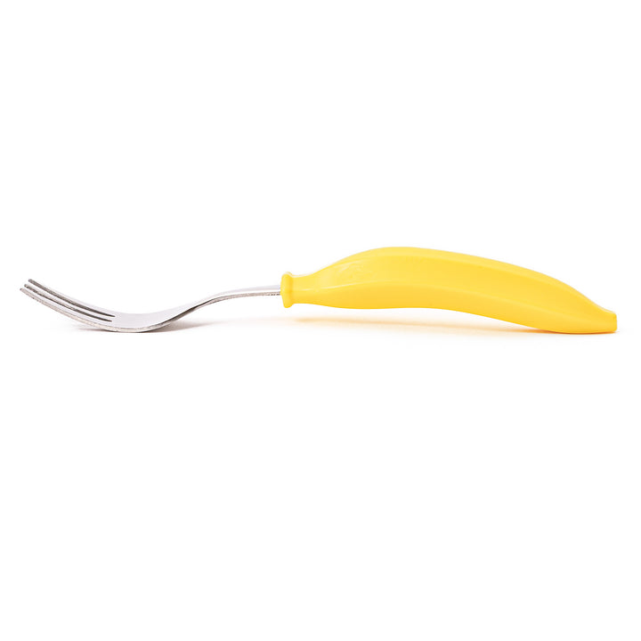 Cute stainless steel banana fork with bright yellow handle high quality kids dessert fork for fruits and toddler food