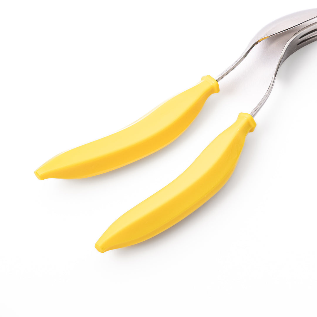 Cute banana spoon and fork set with bright yellow handles stainless steel kids tableware for everyday toddler meals