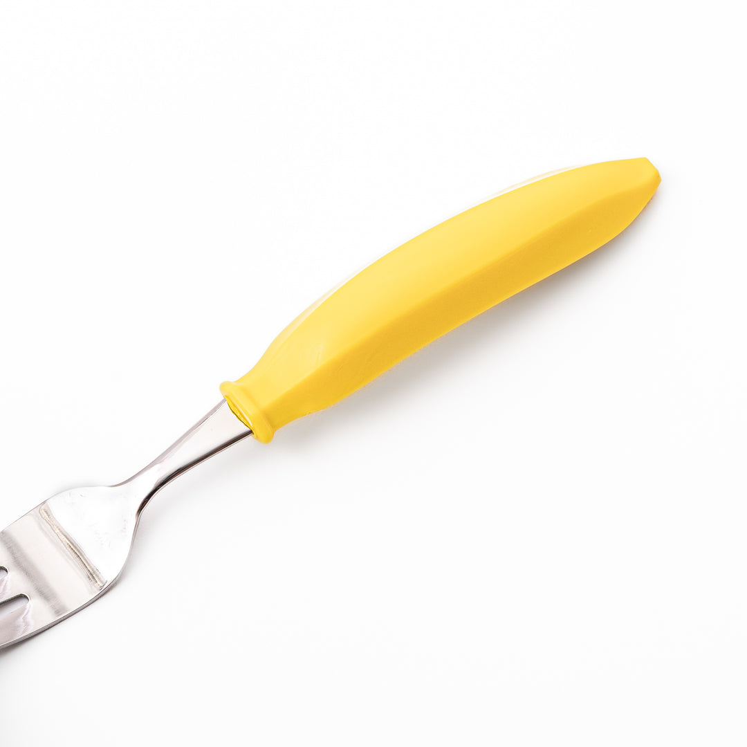 Cute stainless steel banana fork with bright yellow handle high quality kids dessert fork for fruits and toddler food