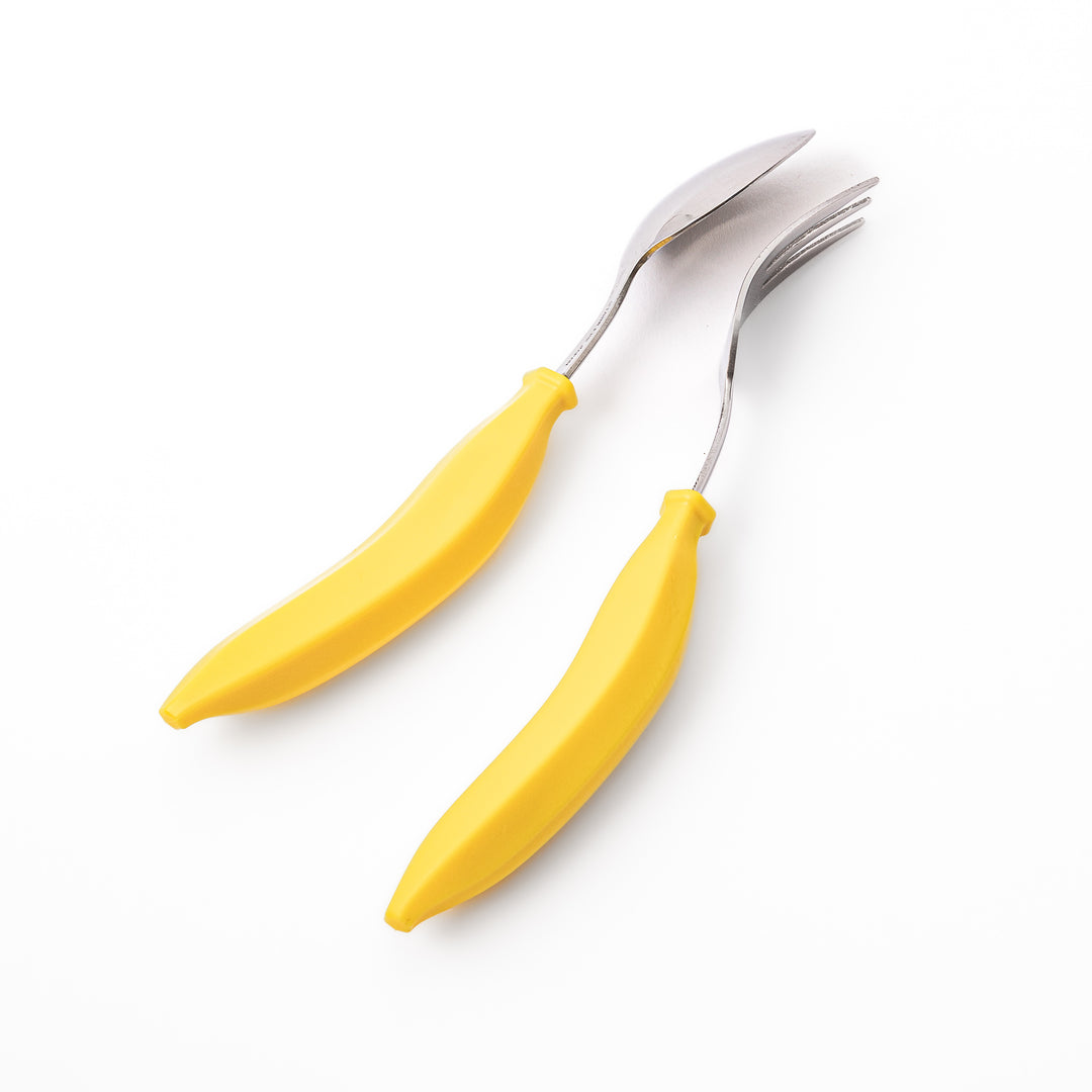 Cute banana spoon and fork set with bright yellow handles stainless steel kids tableware for everyday toddler meals