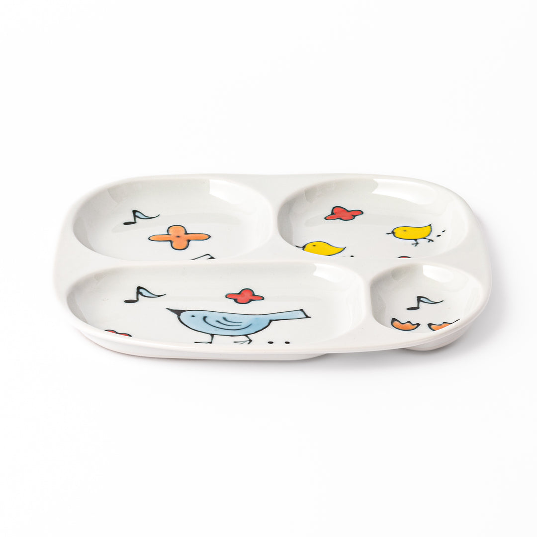 Japanese children’s divided plate decorated with colorful blue and yellow birds, flowers, and musical notes, designed for fun and easy mealtime organization.