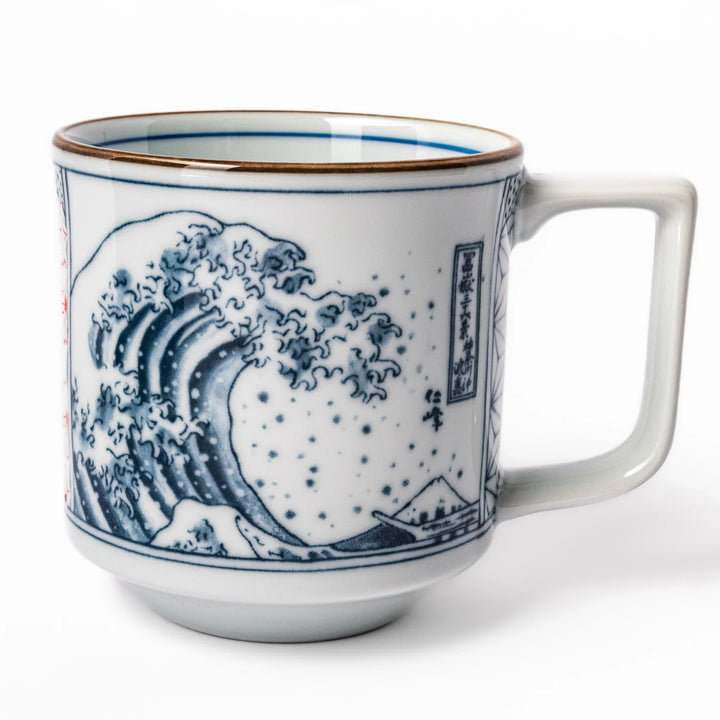 Japanese porcelain mug featuring Hokusai Great Wave and red-blue geometric patterns, crafted with elegant traditional design.