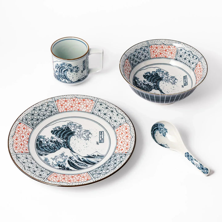 Japanese porcelain tableware set featuring Hokusai Great Wave design with red and blue geometric patterns, elegant finish.