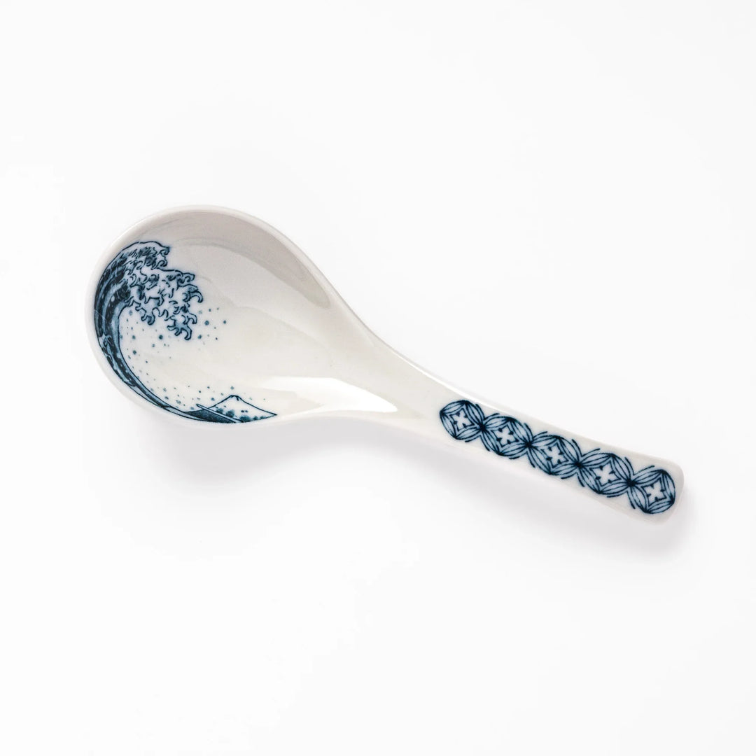 Japanese porcelain ramen spoon featuring Hokusai Great Wave and Mount Fuji design in classic blue and white style.