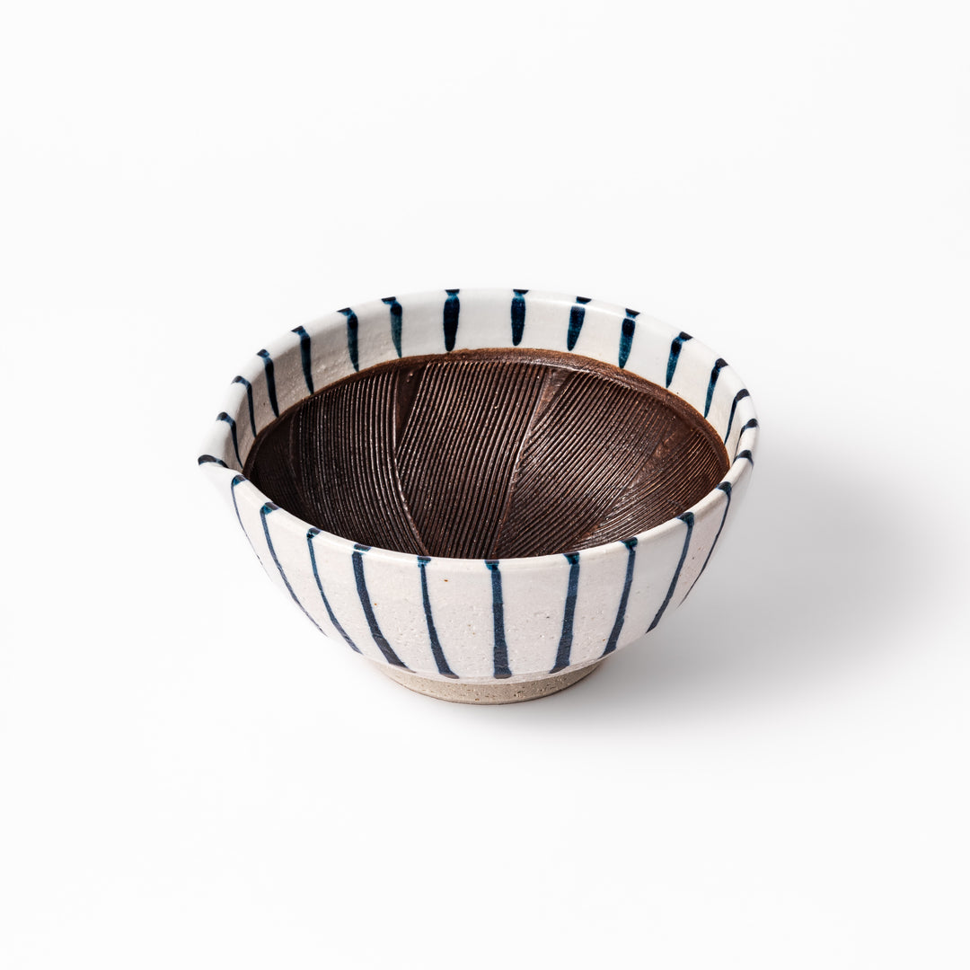 White ceramic suribachi mortar with vertical blue stripes and a textured brown interior, ideal for grinding sesame seeds and traditional Japanese seasonings.