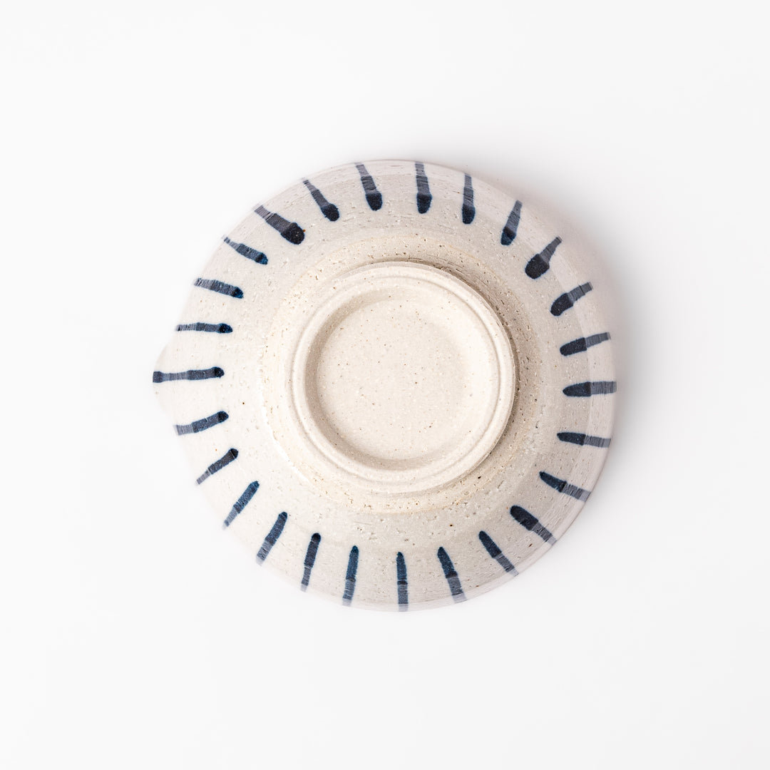 White ceramic suribachi mortar with vertical blue stripes and a textured brown interior, ideal for grinding sesame seeds and traditional Japanese seasonings.