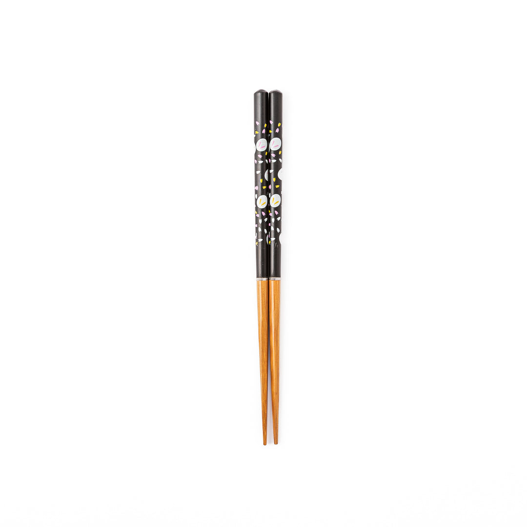 Bunny portable Japanese travel chopsticks featuring a black handle with cute rabbit and sakura cherry blossom patterns