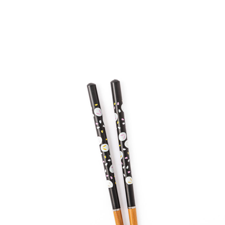 Bunny portable Japanese travel chopsticks featuring a black handle with cute rabbit and sakura cherry blossom patterns