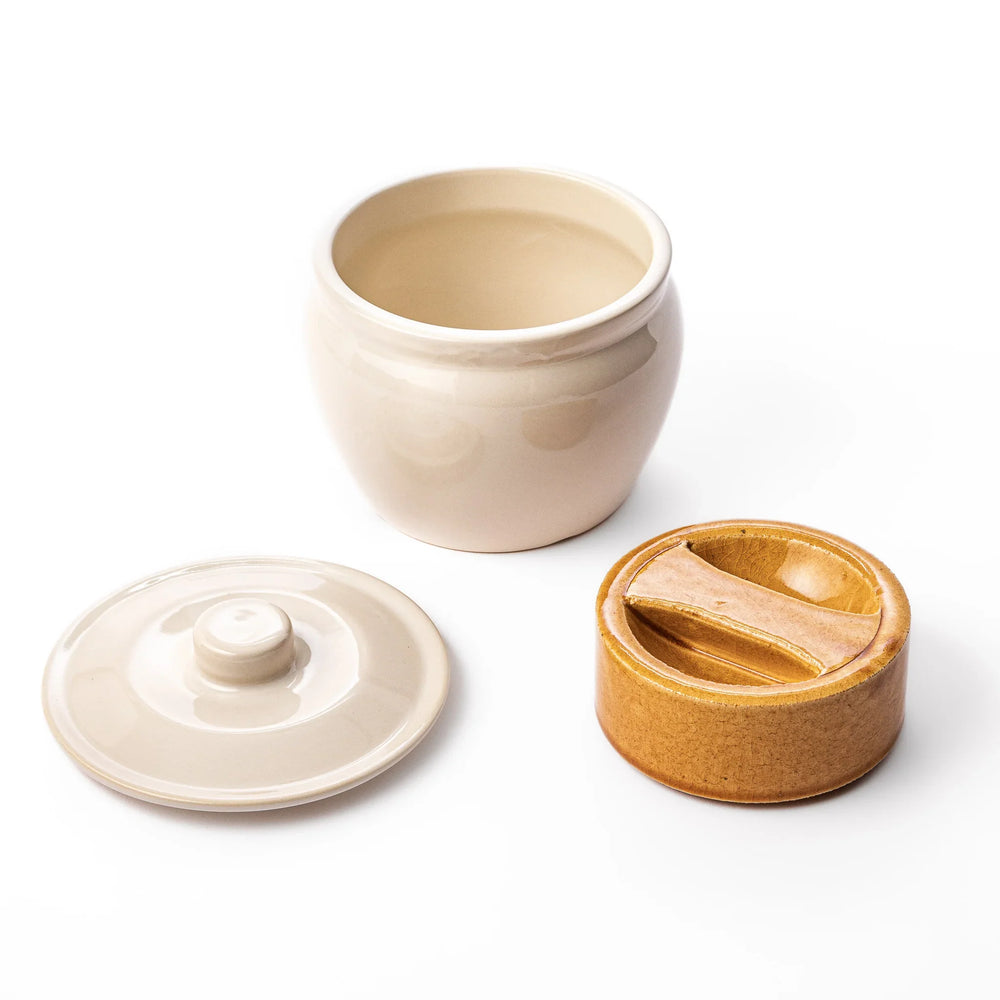 Japanese ceramic asazuke pickle jar with lid in natural glaze for fermenting and storing vegetables