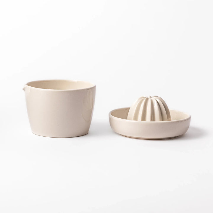 White ceramic citrus juicer with ridged reamer and built-in strainer, designed for effortlessly extracting juice from lemons, limes, and other citrus fruits.