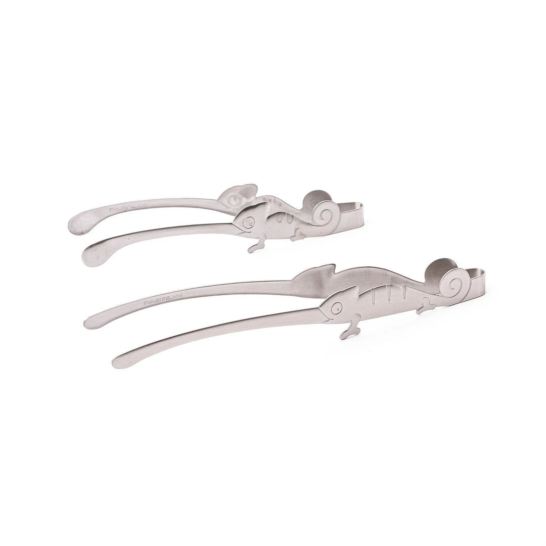 Two sizes of cute Japanese chameleon stainless steel tongs decorative animal shape food servers for salads and appetizers