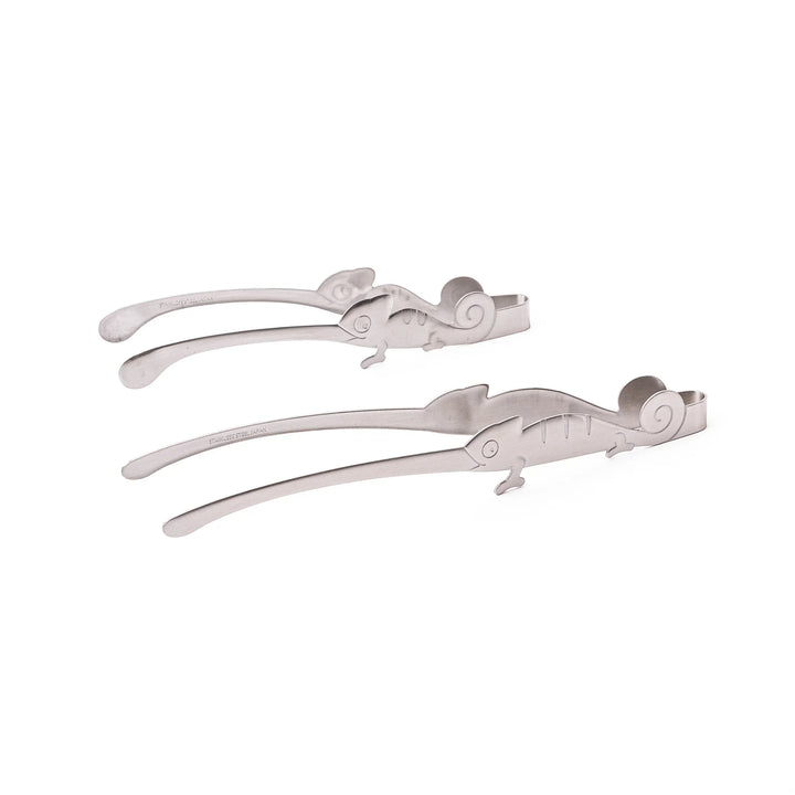 Two sizes of cute Japanese chameleon stainless steel tongs decorative animal shape food servers for salads and appetizers
