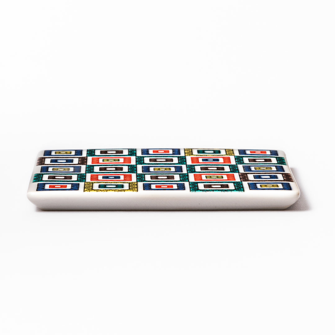 Square Japanese ceramic coaster with colorful cobblestone mosaic pattern in red, blue, green, yellow, and black, ideal for stylish table settings.
