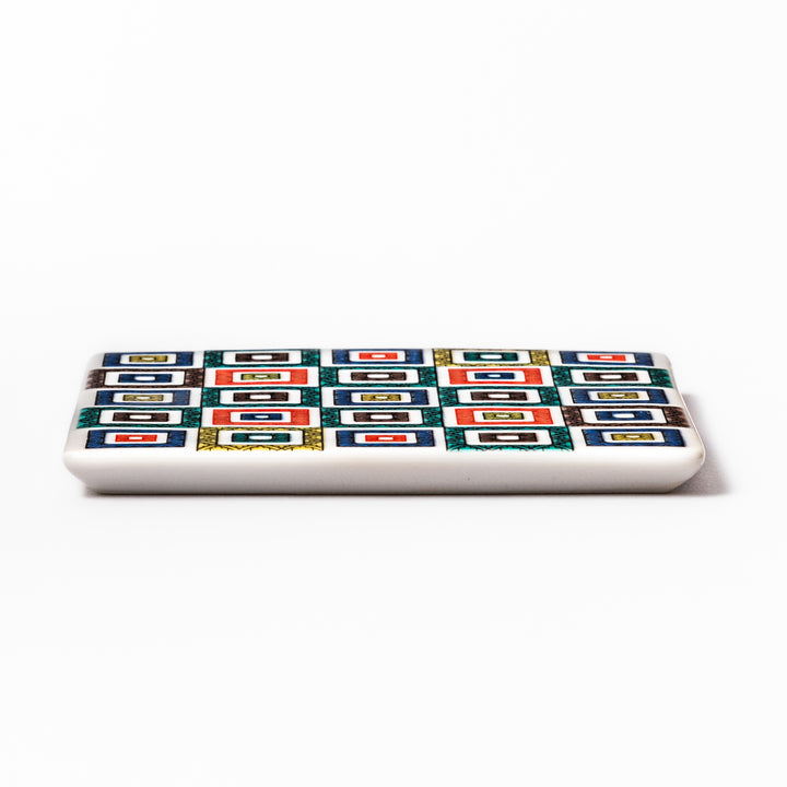 Square Japanese ceramic coaster with colorful cobblestone mosaic pattern in red, blue, green, yellow, and black, ideal for stylish table settings.
