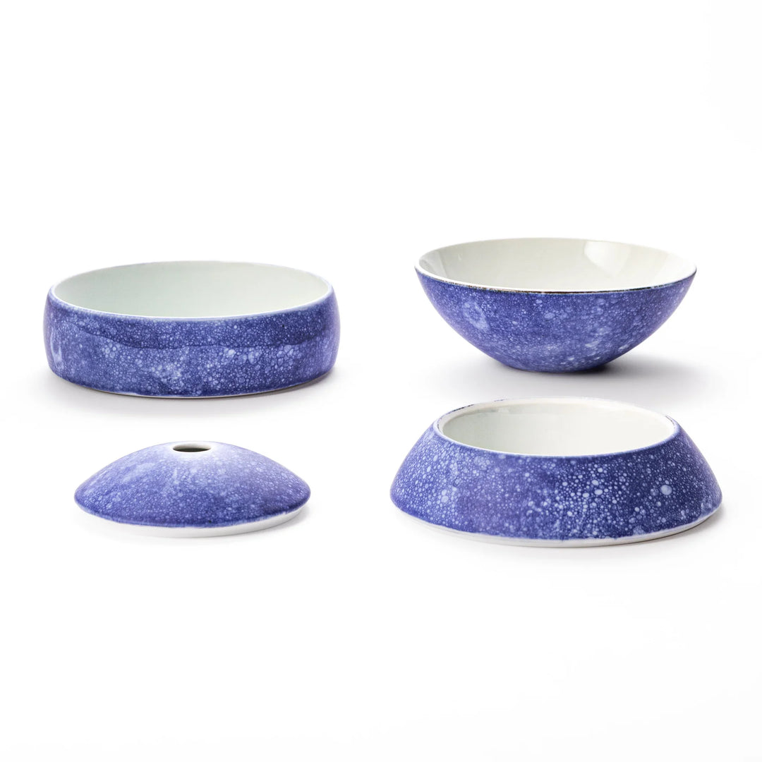 Cosmos blue porcelain moon shaped jubako box with speckled glaze