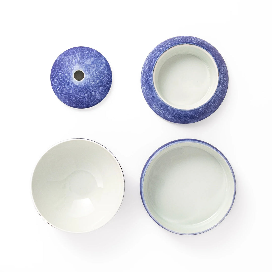 Cosmos blue porcelain moon shaped jubako box with speckled glaze