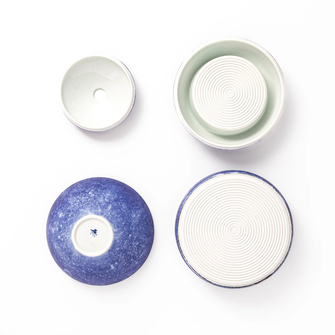 Cosmos blue porcelain moon shaped jubako box with speckled glaze