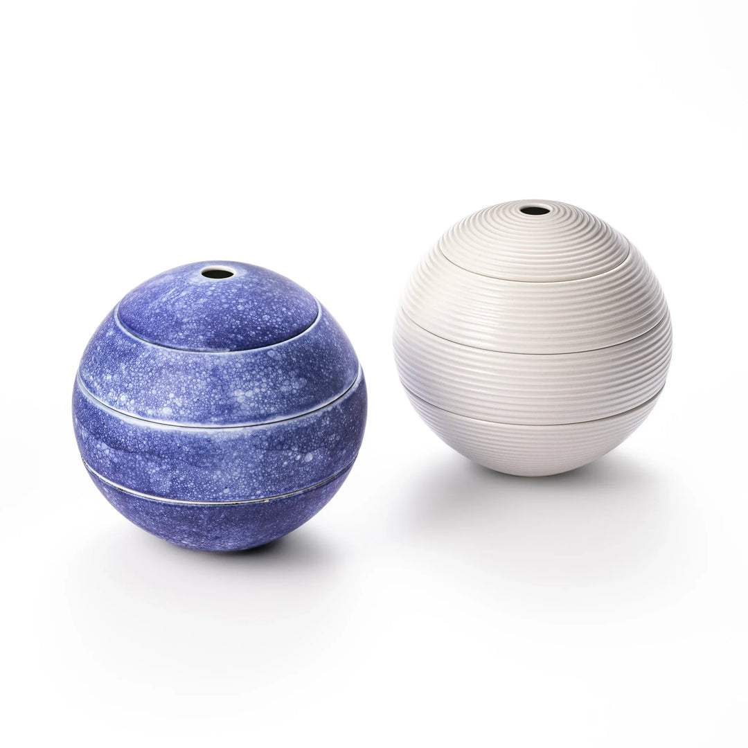 Moon shaped porcelain jubako boxes in cosmos blue and white glaze