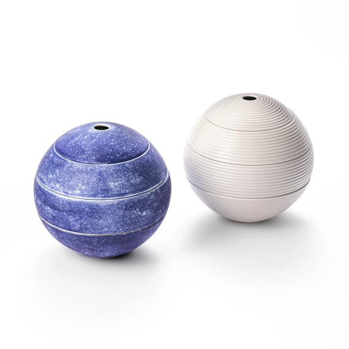 Moon shaped porcelain jubako boxes in cosmos blue and white glaze