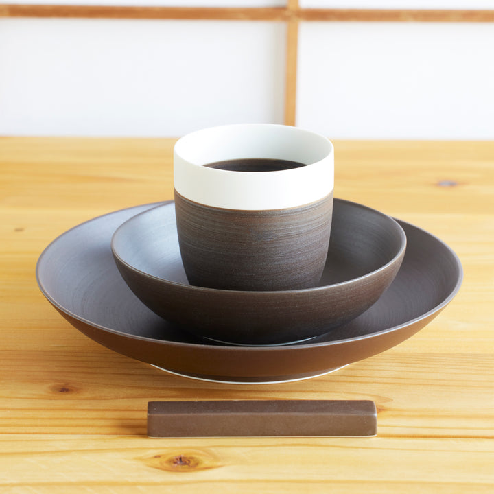 Cozy Japandi 4-Piece Dinnerware Set - Brown finish with a modern rustic style, perfect for elevating everyday dining with minimalist elegance.
