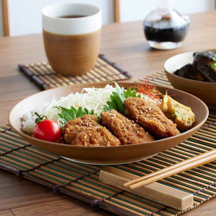 Cozy Japandi Salad Plate - Wide shallow design in warm earthy tones, perfect for balanced meals and stylish dining presentations.