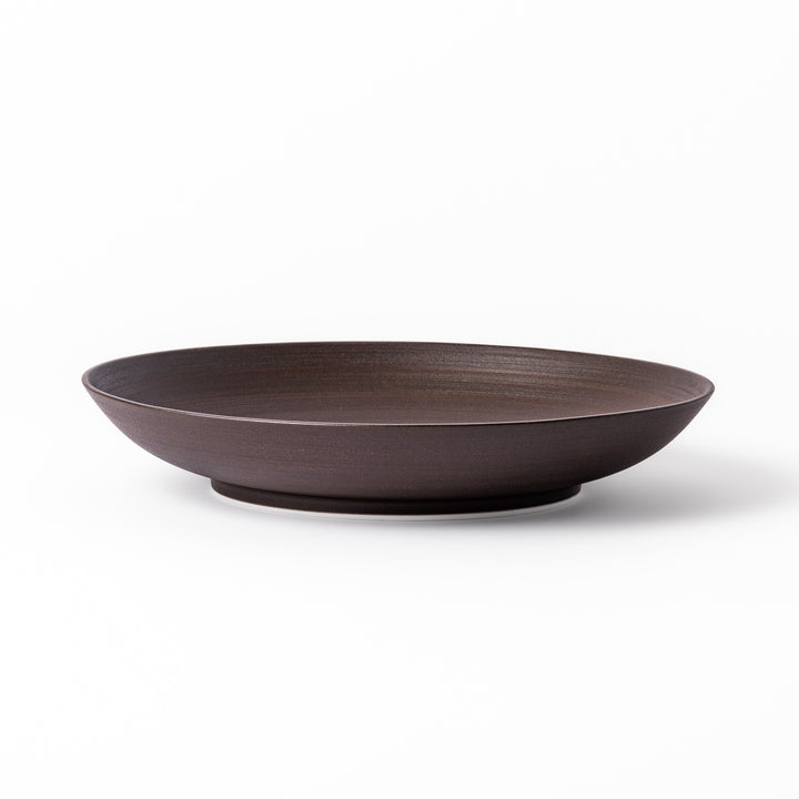Matte brown ceramic salad plate with subtle swirl lines and a gently raised rim, perfect for modern Japandi table settings.