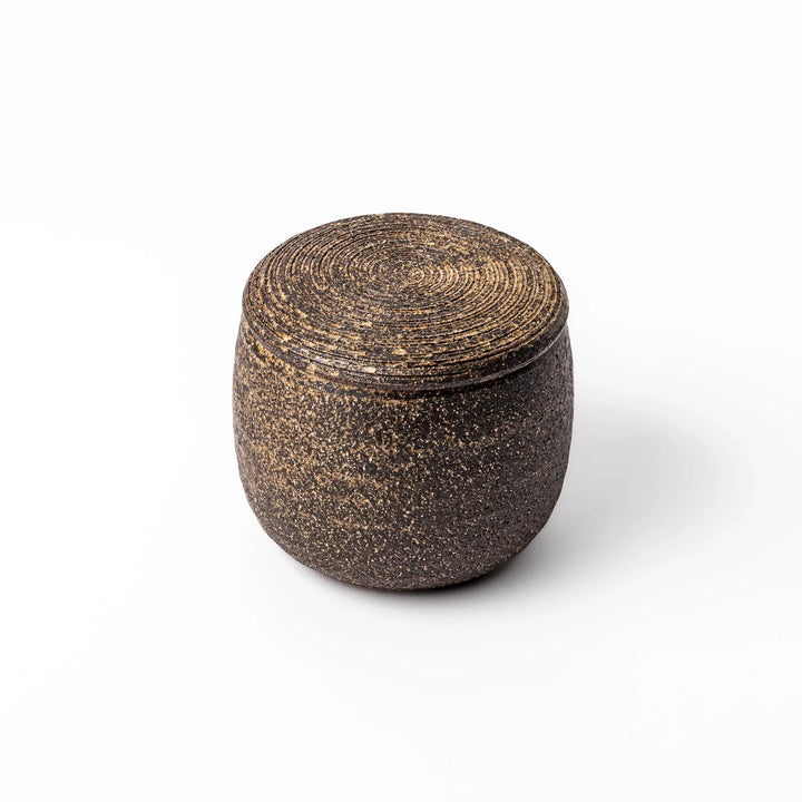 Dark brown ceramic rice storage bowl with matching lid, featuring a textured rustic finish, designed for storing freshly cooked rice.