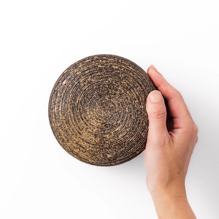 Dark brown ceramic rice storage bowl with matching lid, featuring a textured rustic finish, designed for storing freshly cooked rice.