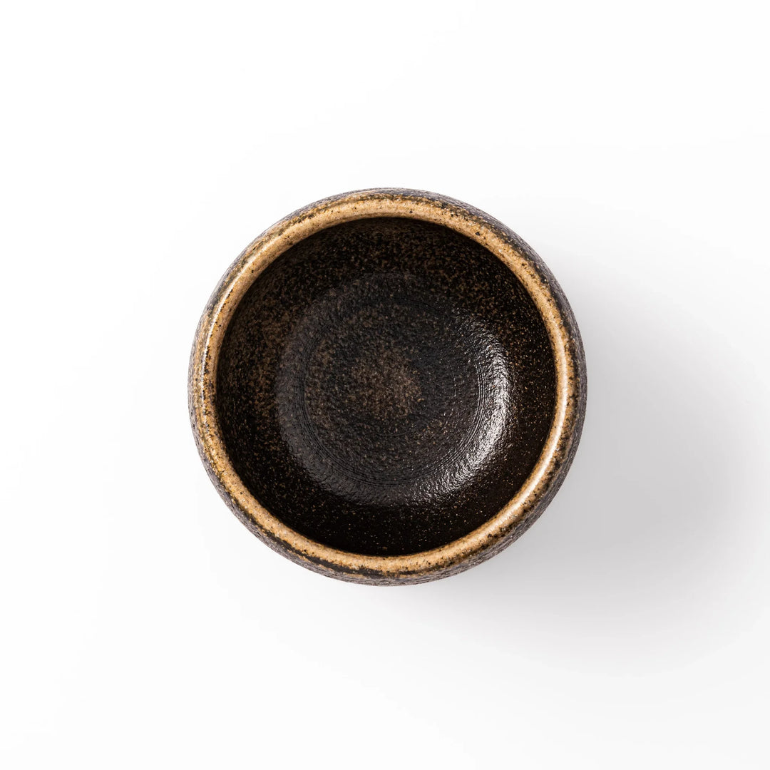 Dark brown ceramic rice storage bowl with matching lid, featuring a textured rustic finish, designed for storing freshly cooked rice.