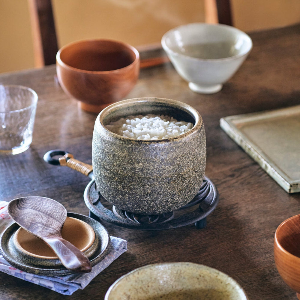 Dark Brown Ceramic Rice Storage Bowl for Cooked Rice (Ohitsu), traditional Japanese vessel for serving freshly steamed rice at the table.