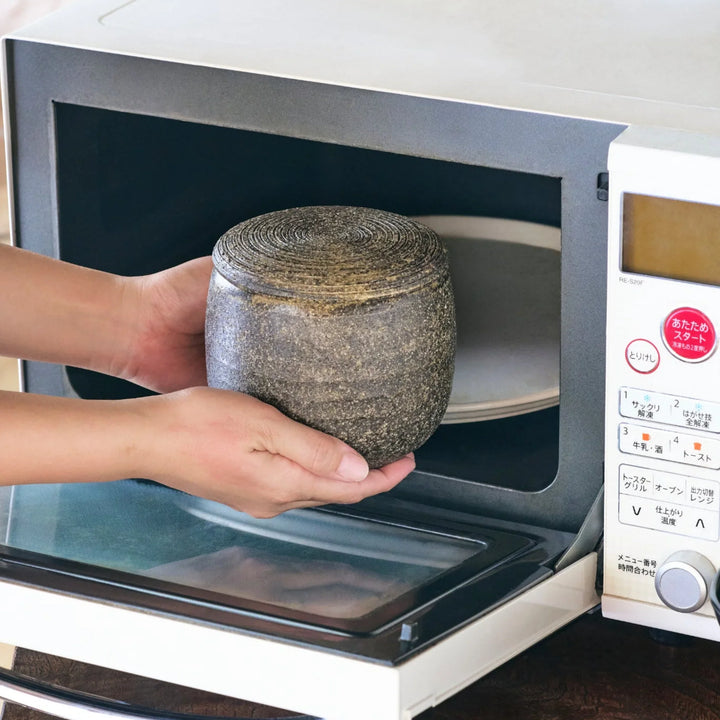 Dark Brown Ceramic Rice Storage Bowl for Cooked Rice (Ohitsu), microwave-safe container for reheating and keeping rice warm in Japanese style.