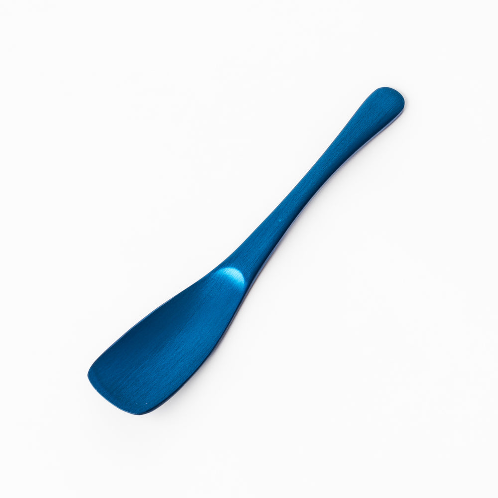 Blue aluminum ice cream spoon with a sleek matte finish and flat tip, designed for smoothly scooping even the hardest frozen treats.