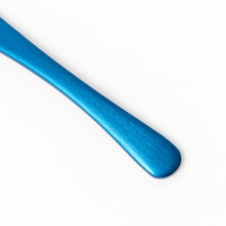 Blue aluminum ice cream spoon with a sleek matte finish and flat tip, designed for smoothly scooping even the hardest frozen treats.
