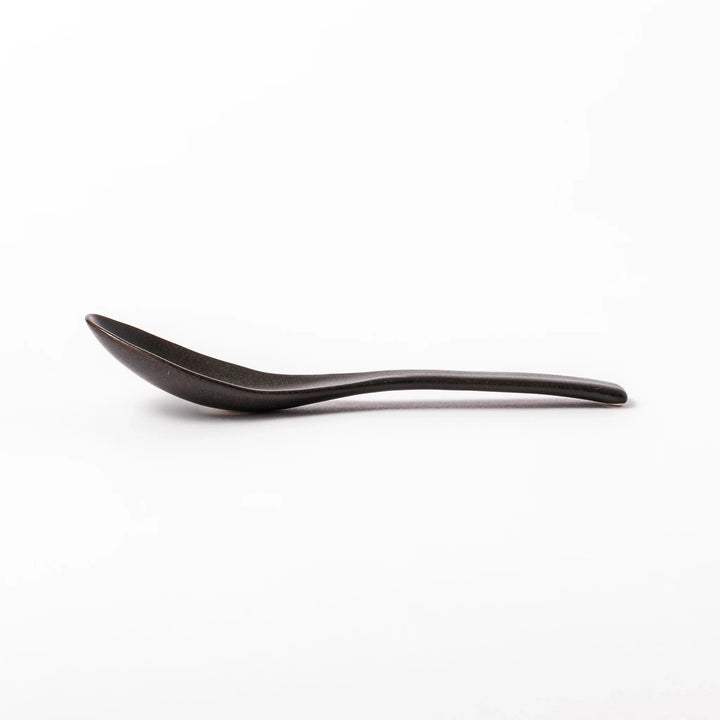 Black ceramic spoon with a smooth, rounded bowl and straight handle, ideal for serving soups, stews, or curry with refined simplicity.