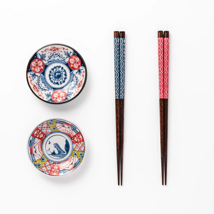 Japanese Edo-style chopsticks and sauce dish set featuring red and blue patterns with playful dinosaur motif gift box.