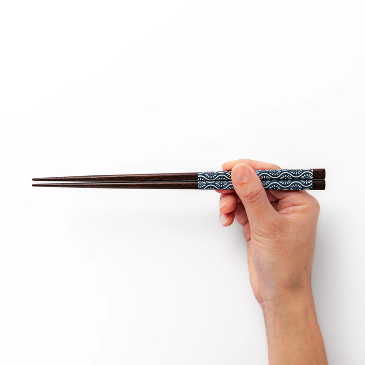 Japanese Edo-style chopsticks and sauce dish set featuring red and blue patterns with playful dinosaur motif gift box.