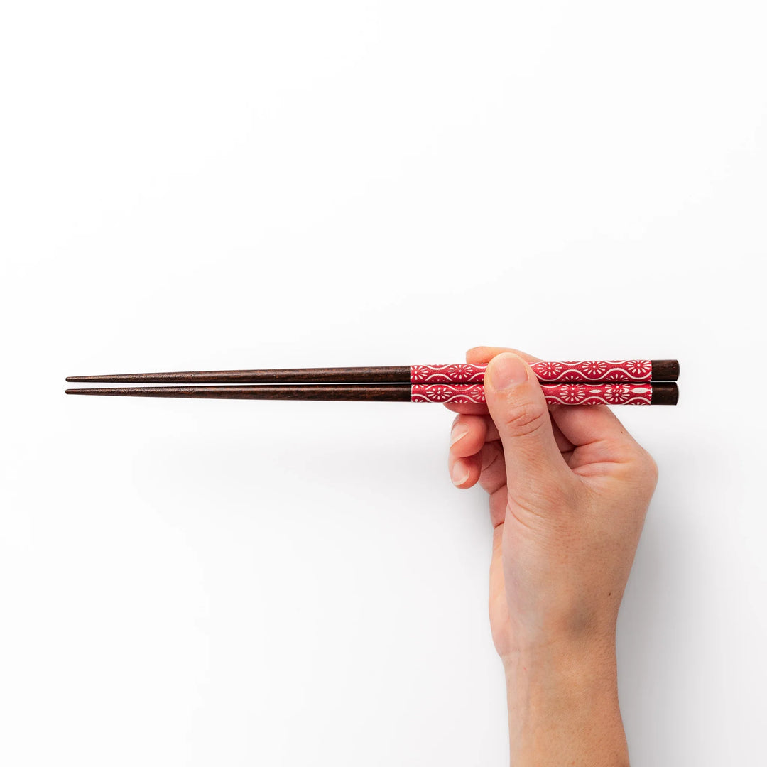 Japanese Edo-style chopsticks and sauce dish set featuring red and blue patterns with playful dinosaur motif gift box.