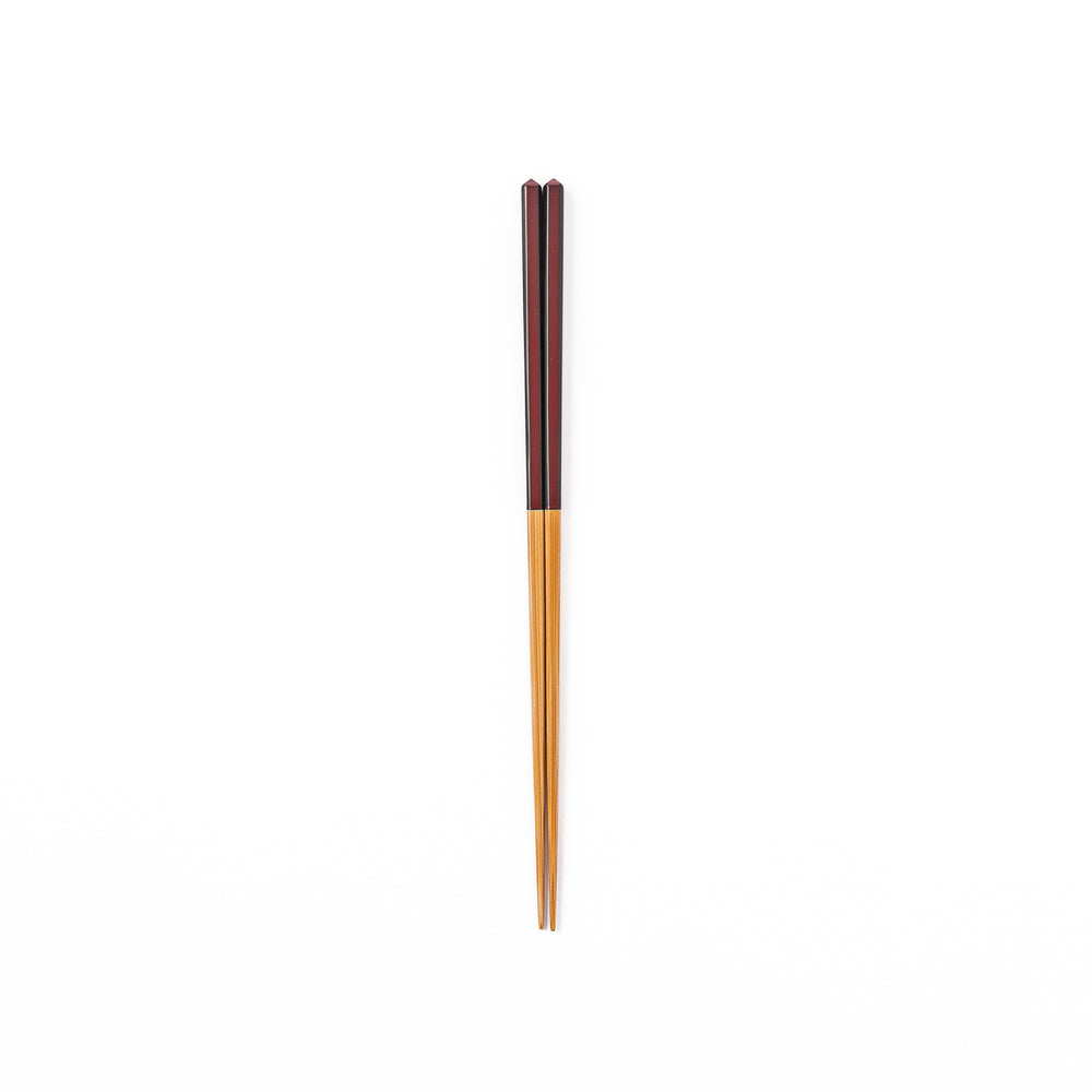 Fine tip Japanese bamboo chopsticks featuring a wine red handle with dark side stripes and a natural bamboo finish