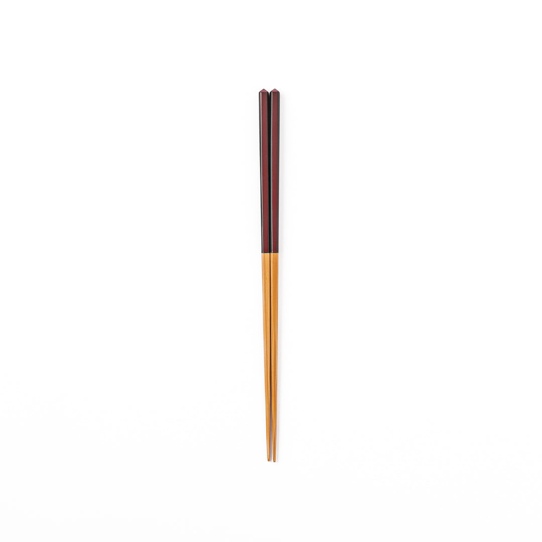 Fine tip Japanese bamboo chopsticks featuring a wine red handle with dark side stripes and a natural bamboo finish
