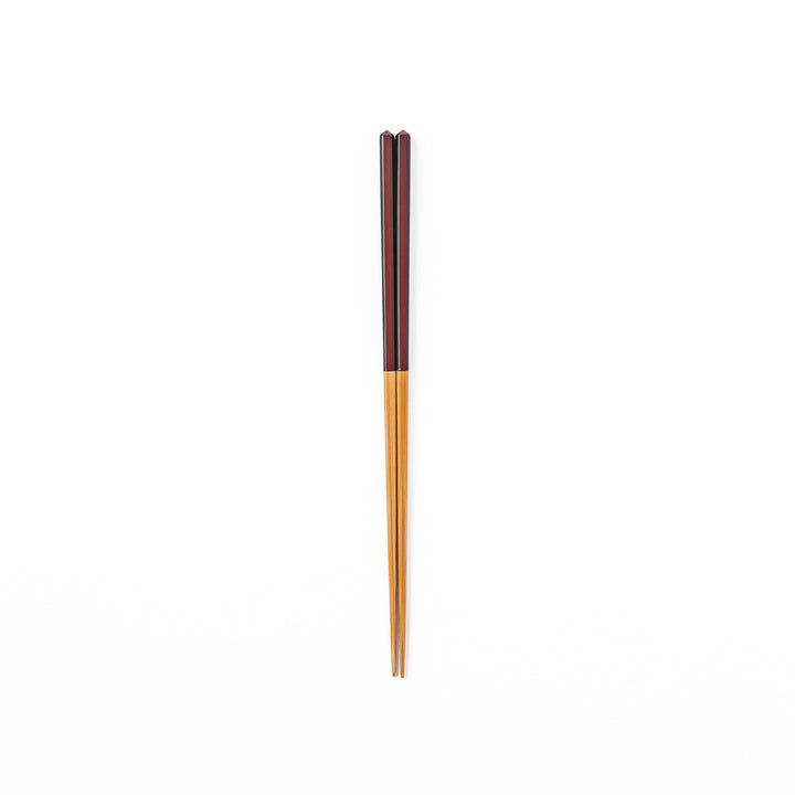 Fine tip Japanese bamboo chopsticks featuring a wine red handle with dark side stripes and a natural bamboo finish