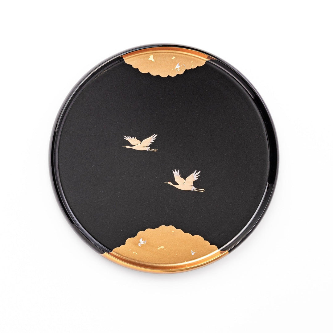 Flying Crane Japanese serving tray with black lacquer base and gold crane and cloud motif for elegant tea.
