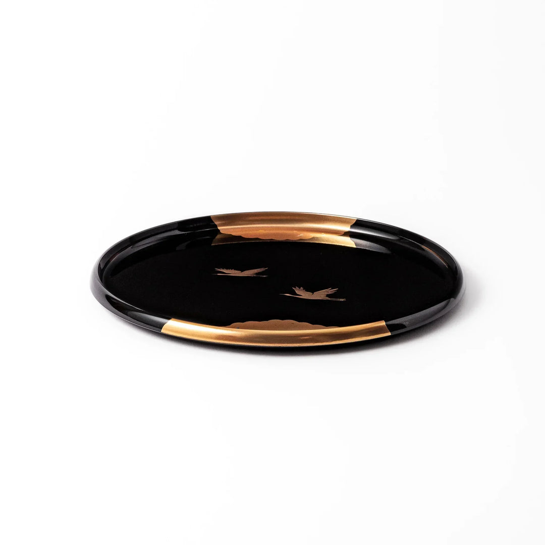 Flying Crane Japanese serving tray with black lacquer base and gold crane and cloud motif for elegant tea.
