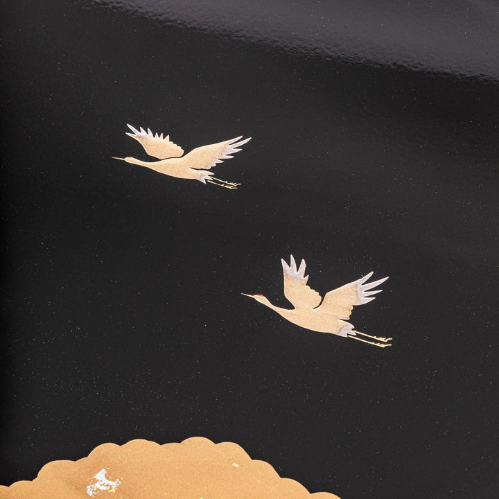 Flying Crane Japanese serving tray with black lacquer base and gold crane and cloud motif for elegant tea.