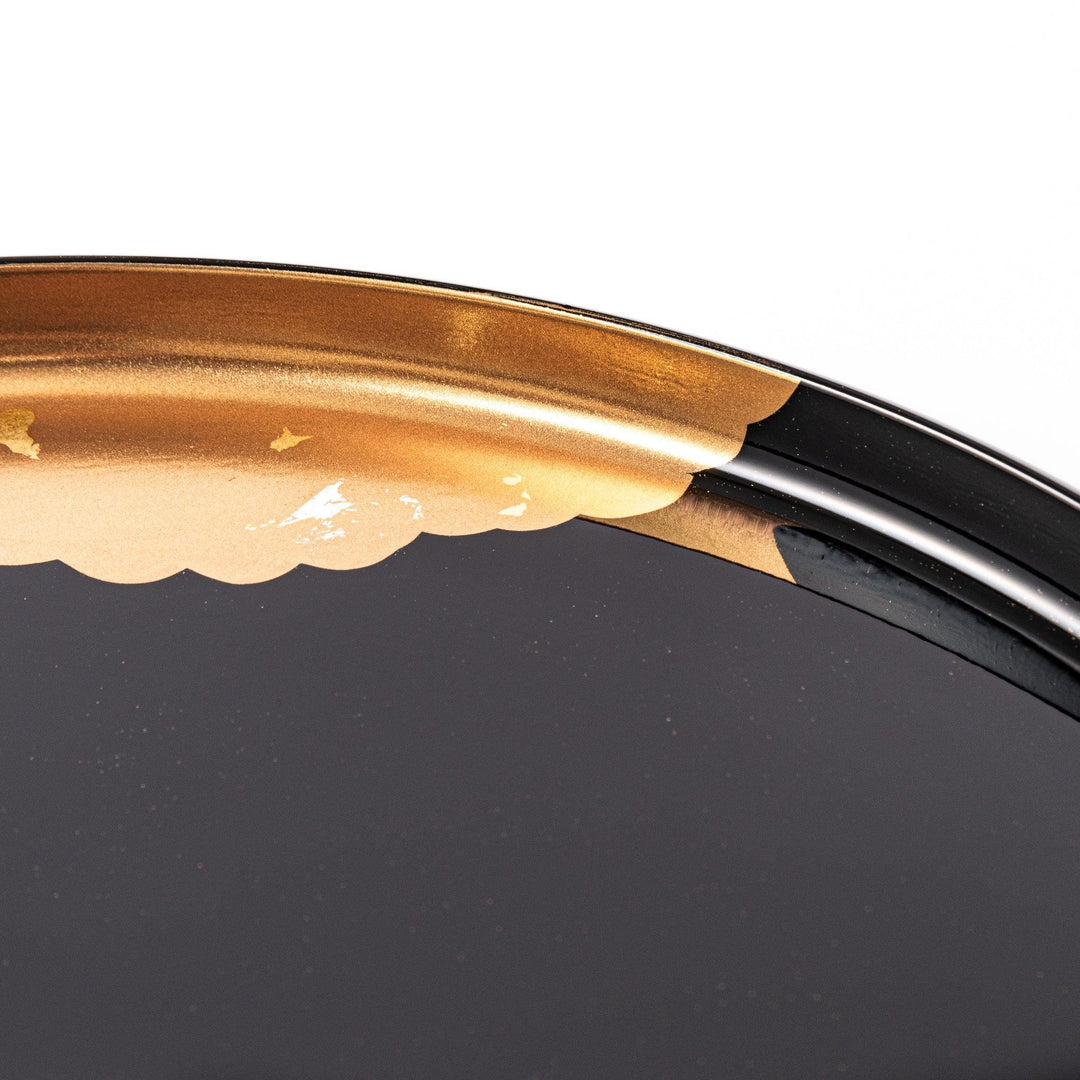Flying Crane Japanese serving tray with black lacquer base and gold crane and cloud motif for elegant tea.
