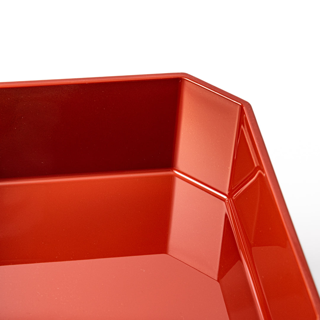 Gold River & Crane Japanese Jubako Box in hexagonal form with gold river and crane motif on vermilion red lacquer, perfect for festive food presentation.