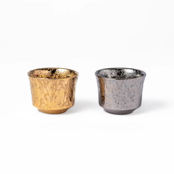 Japanese gold and silver sake cups with textured metallic finish small ceramic ochoko set for serving sake