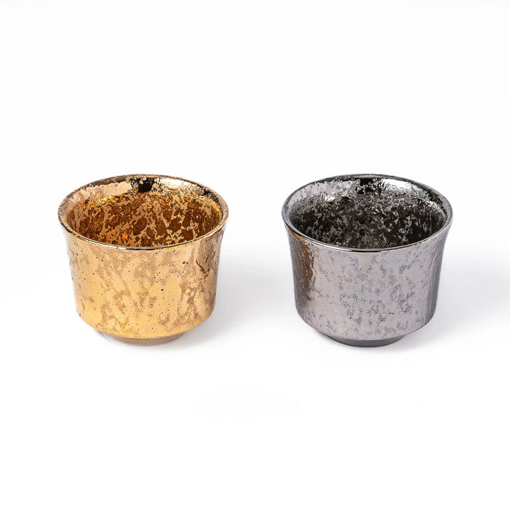 Japanese gold and silver sake cups with textured metallic finish small ceramic ochoko set for serving sake
