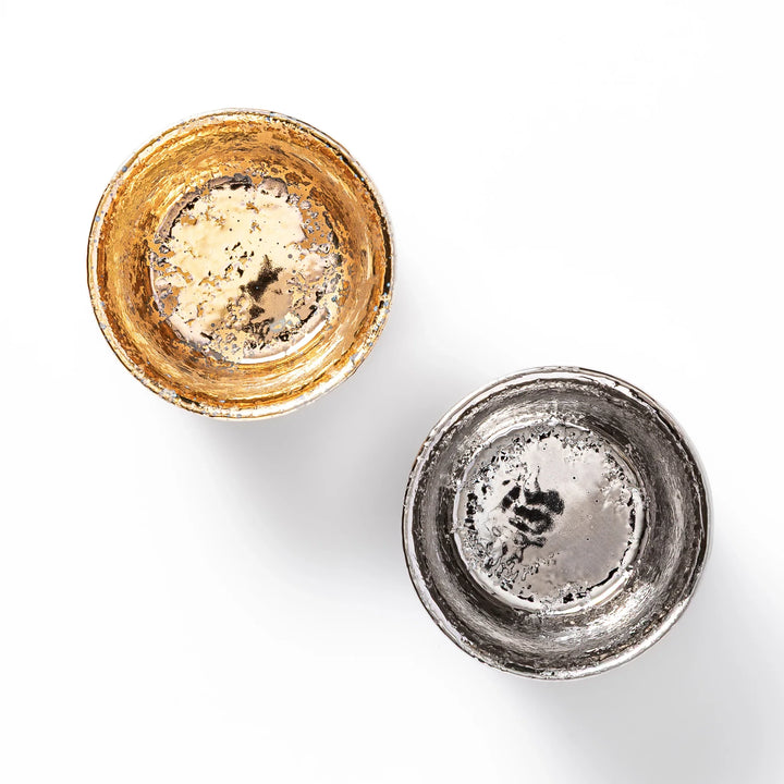 Japanese gold and silver sake cups with textured metallic finish small ceramic ochoko set for serving sake