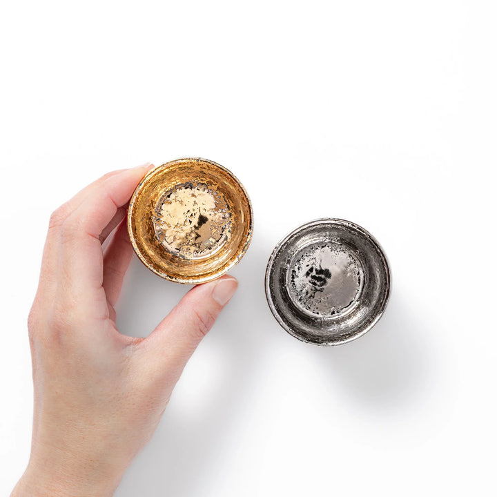 Japanese gold and silver sake cups with textured metallic finish small ceramic ochoko set for serving sake