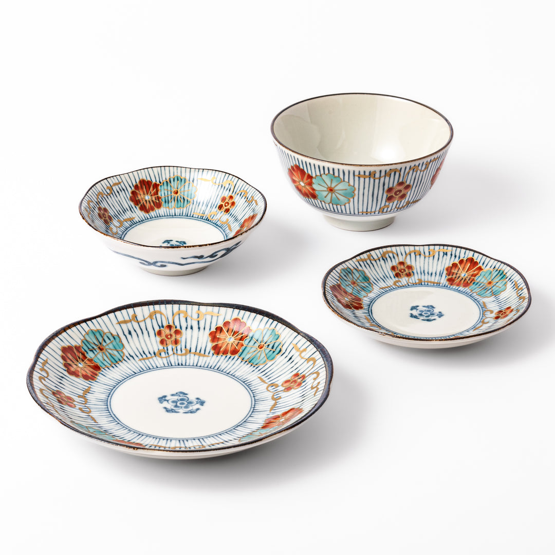 Set of Japanese tableware featuring striped floral patterns in red, teal, and gold, including bowls and plates ideal for dessert or side dishes.